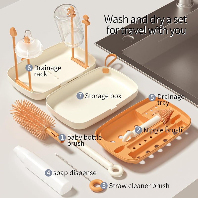 suvast 7in1 Travel Bottle Cleaner kit,Baby Essentials, with Bottle Brush、Nipple Brush、Straw Cleaner Brush、Soap Dispenser、Bottle Drying Rack、Drainage Tray、Storage Box,Baby Travel Essential (White) - Image 2